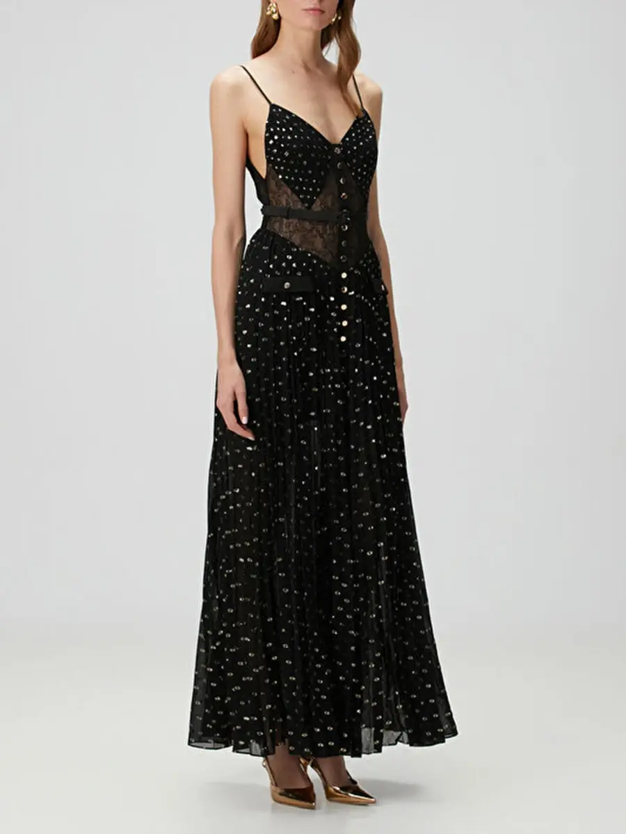 Elegant black maxi dress with subtle sparkle