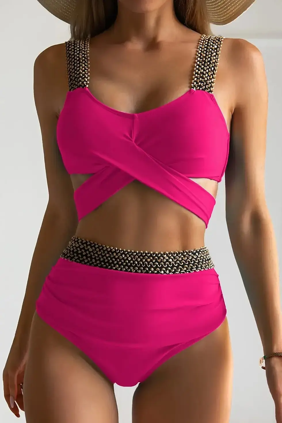 Miniatură: Hot pink crisscross bikini with chain detail