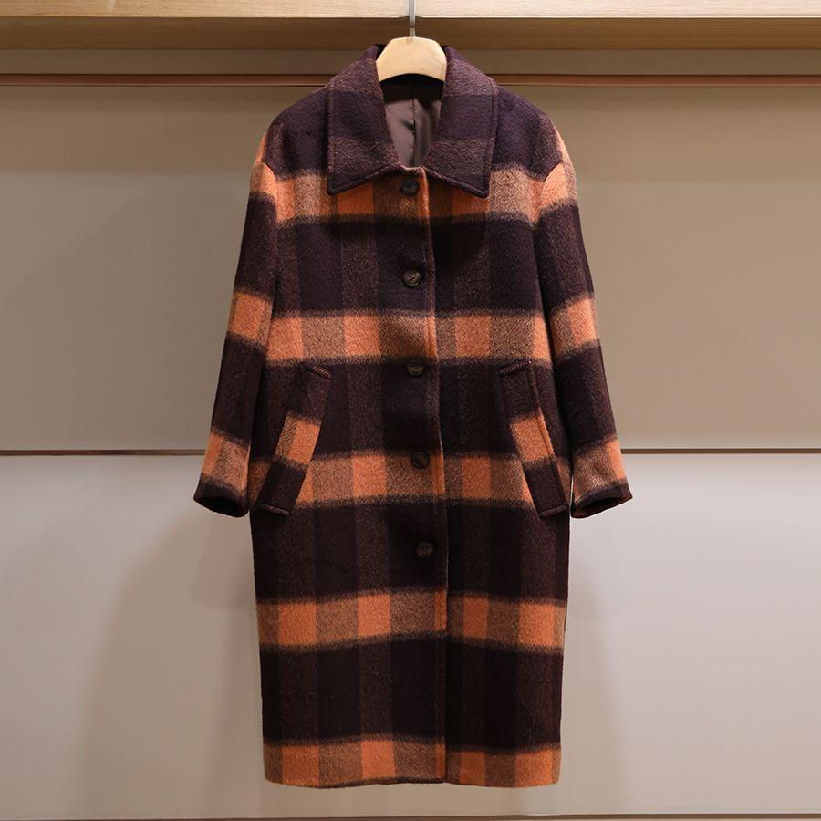 Miniatyrbild: Vintage Brown Orange Plaid Wool Coat