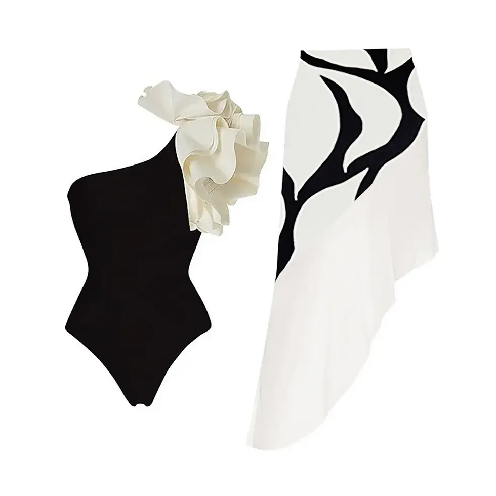 Miniatyrbild: Black one-shoulder swimsuit and asymmetrical white skirt