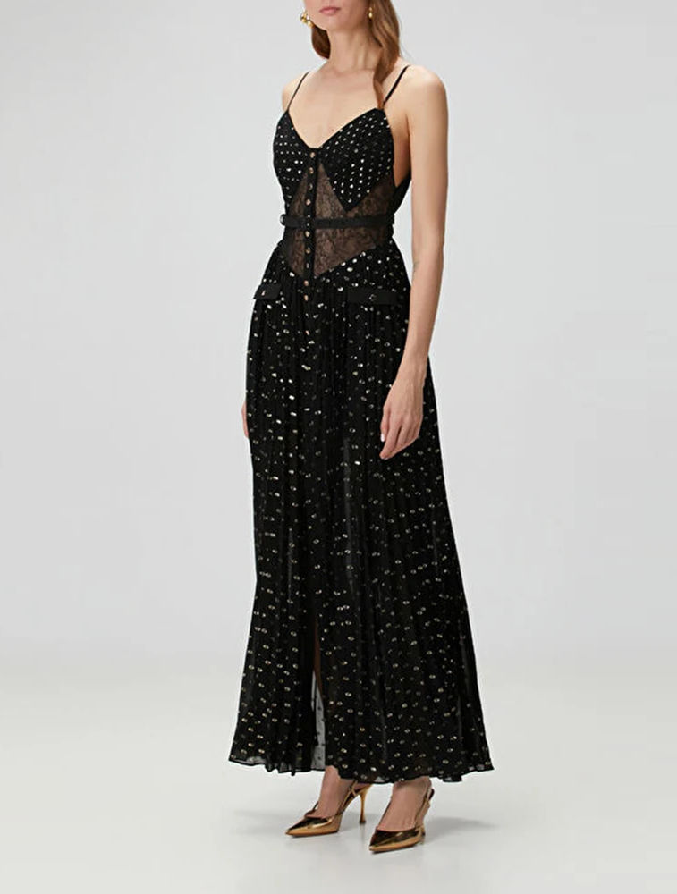 Black pleated maxi dress with subtle gold details