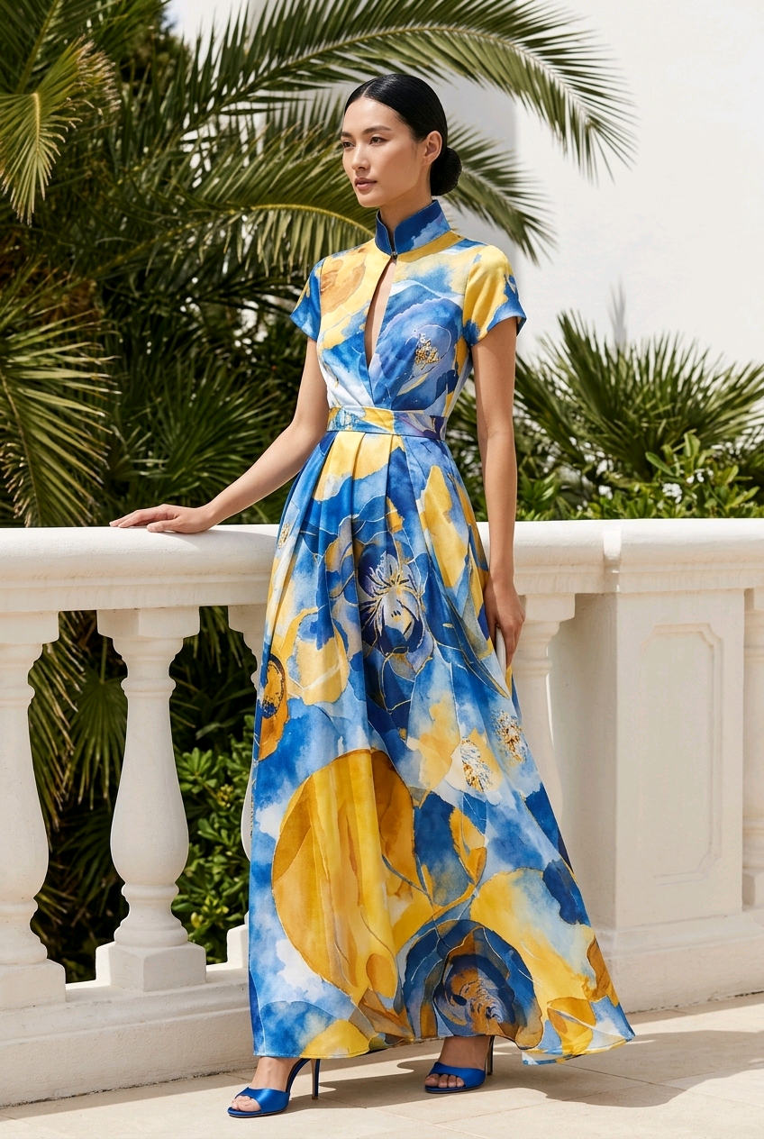 Miniatura: Elegant Abstract Print Maxi Dress