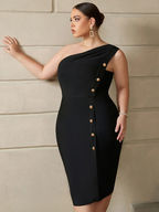 Woman wearing black one-shoulder dress with gold buttons UK Fashion Boutique