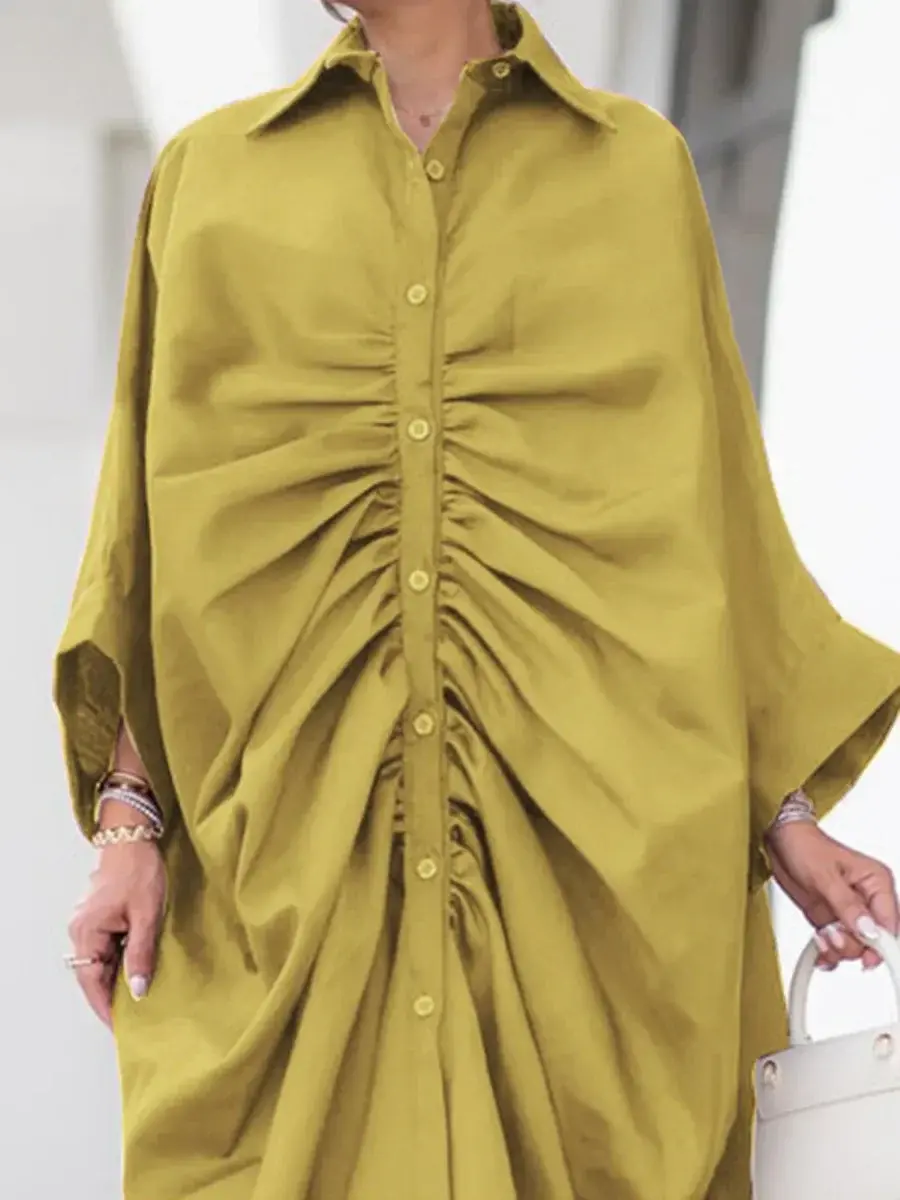 Sīktēls: Stylish Pleated Lapel Shirt Dress in olive green