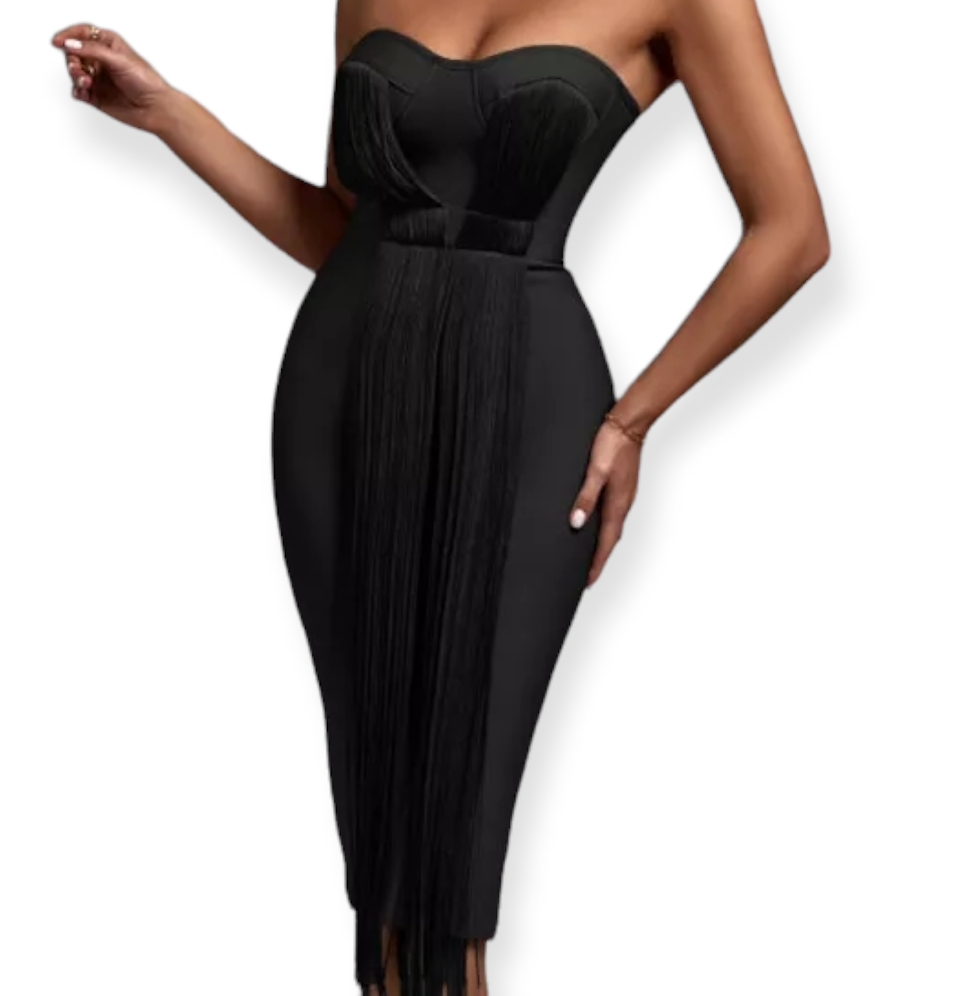 Black strapless bandage dress with fringe detail