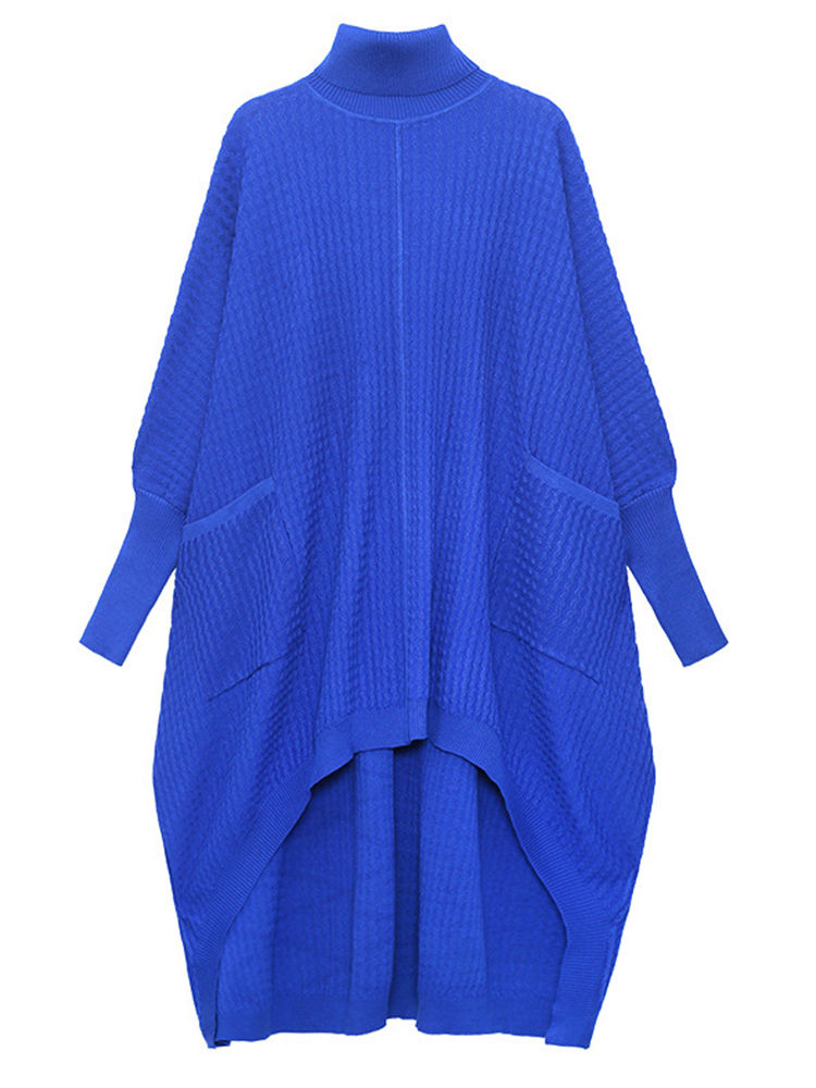 Thumbnail: Royal blue high-low knit sweater with pockets