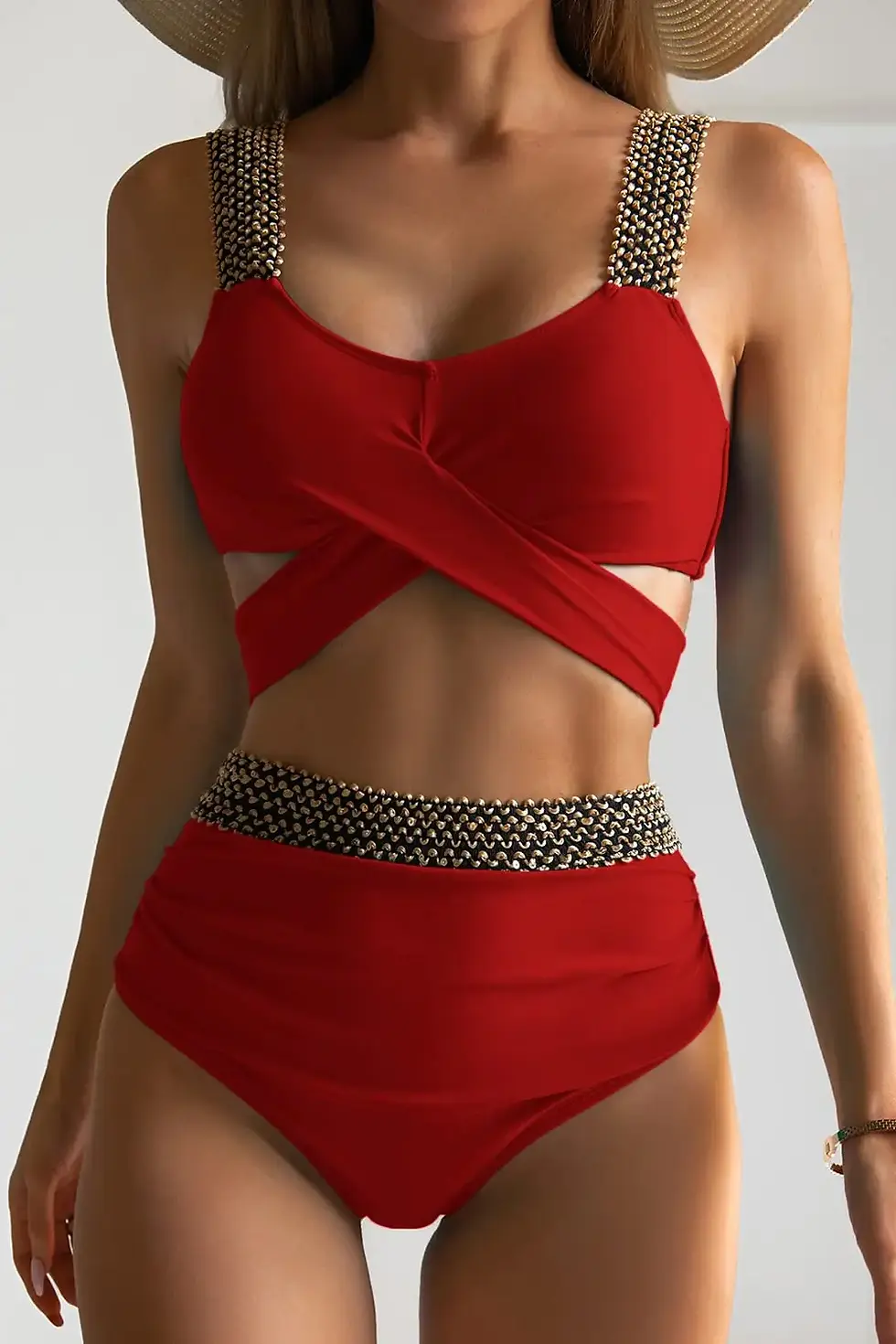 Thumbnail: Red chain-detailed crisscross bikini