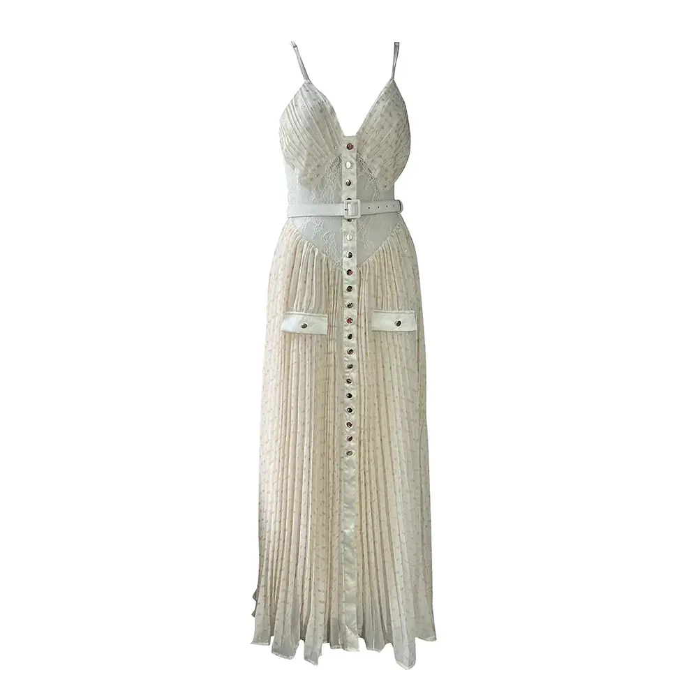 Thumbnail: Elegant off-white maxi dress with pleated skirt and button detailing
