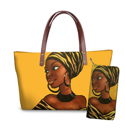 Miniatură: Yellow tote bag and matching wallet featuring African woman