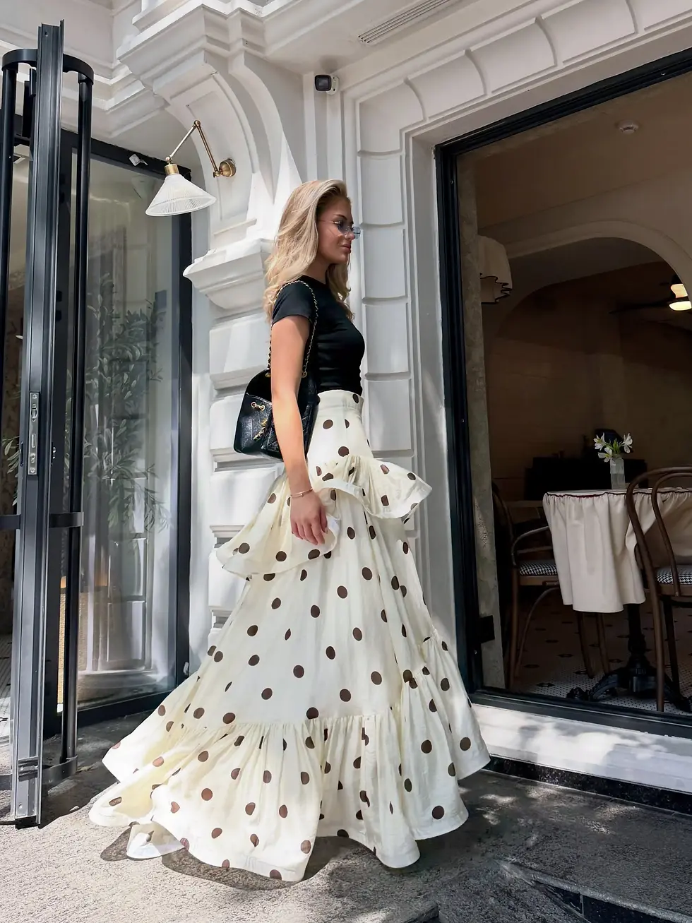 Thumbnail: Vintage Polka Dot Tiered Maxi Skirt