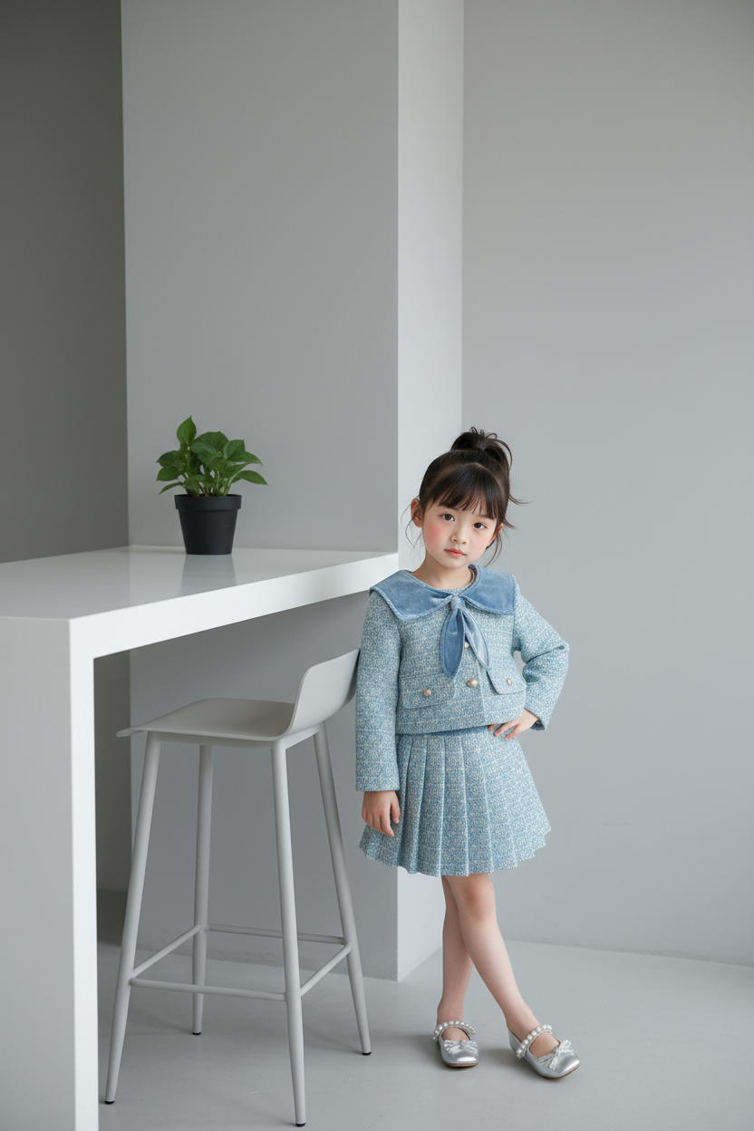 Sīktēls: Girls 2PCS Naval Collar Cardigan & Pleated Skirt