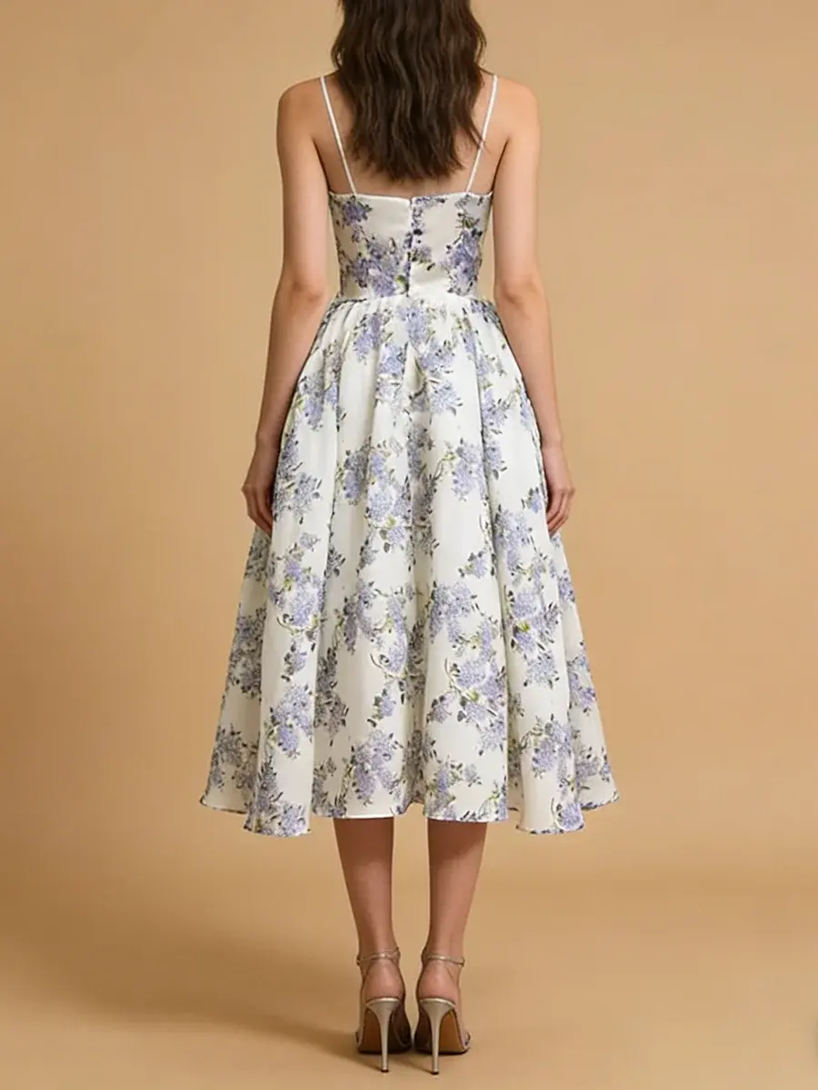 Miniatura: Elegant Rose Print Spaghetti Strap Midi Dress