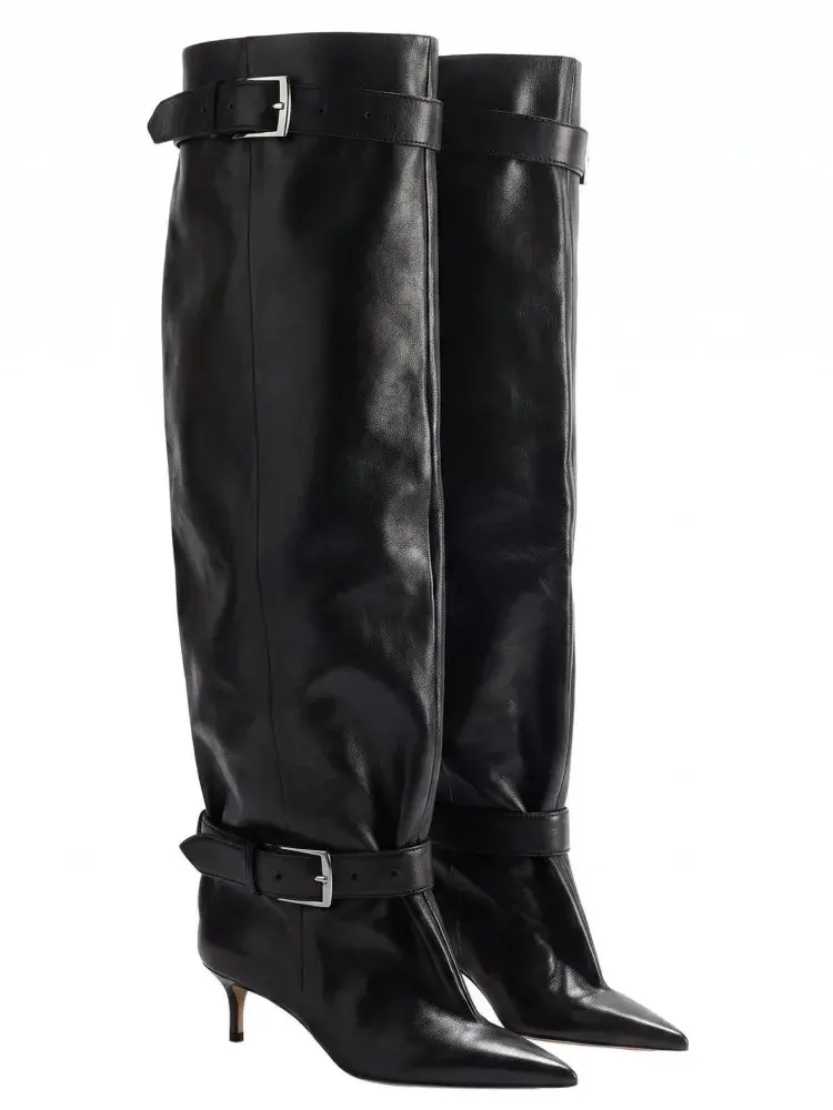 Sīktēls: Women's Thigh High Pointed Toe Buckle Boots