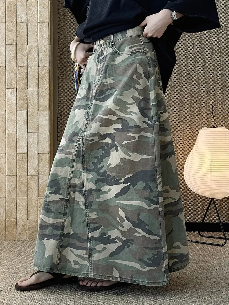 Thumbnail: [EAM] High Waist Camouflage Back Slit Casual Long A-Line Skirt
