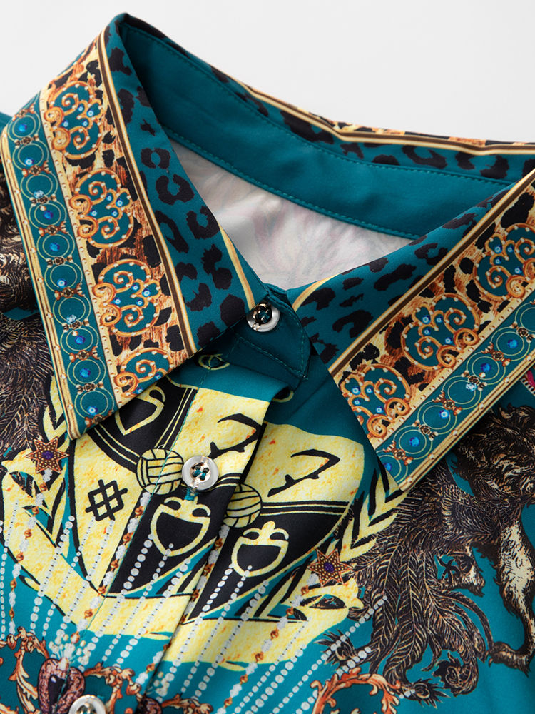 Men's teal, gold, and brown patterned shirt