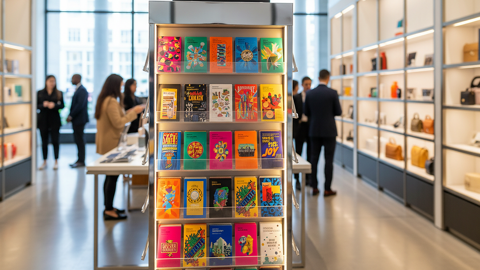 Eye-level view of a gift card display rack in a retail store