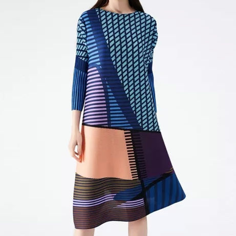 Geometric print midi dress, blue, purple, and peach