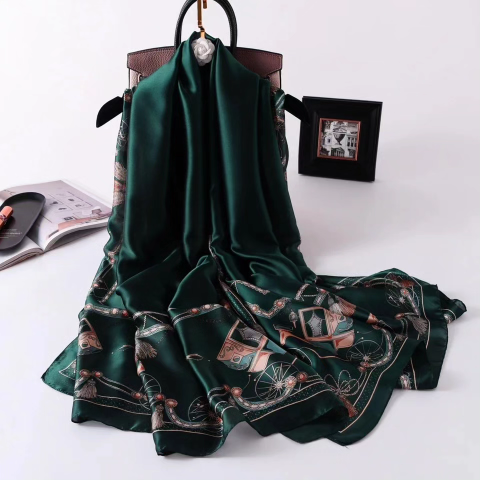 Thumbnail: Green silk scarf with gold print