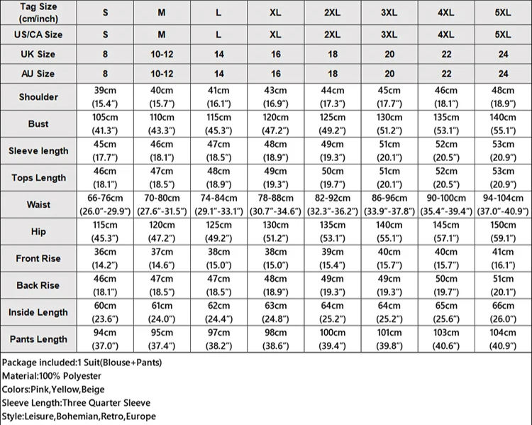 Miniatura: Size chart: measurements in inches and centimeters