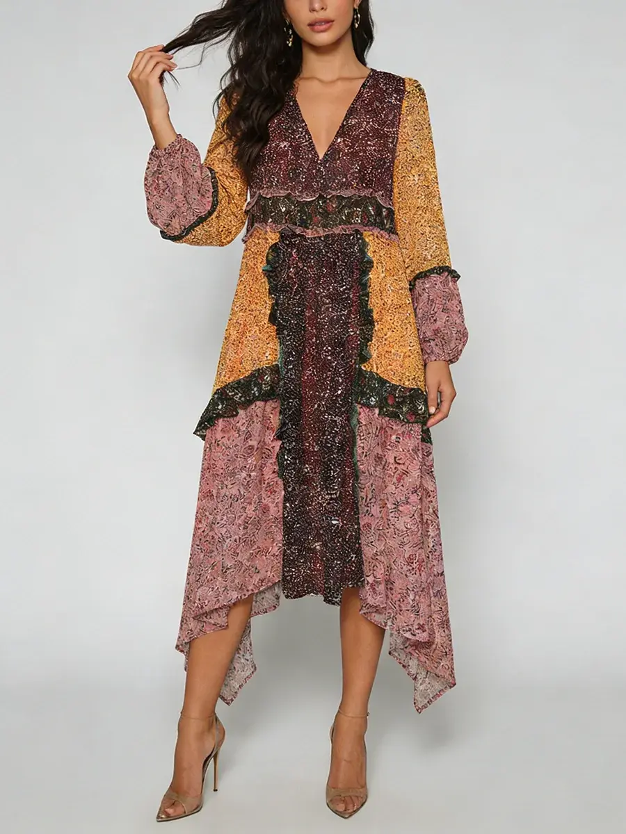 Miniatyrbild: Stylish Print High Waist V Neck Dress