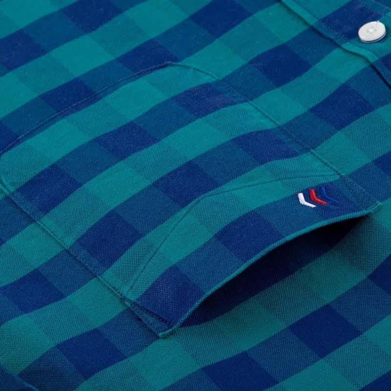 Teal and blue striped shirt pocket detail