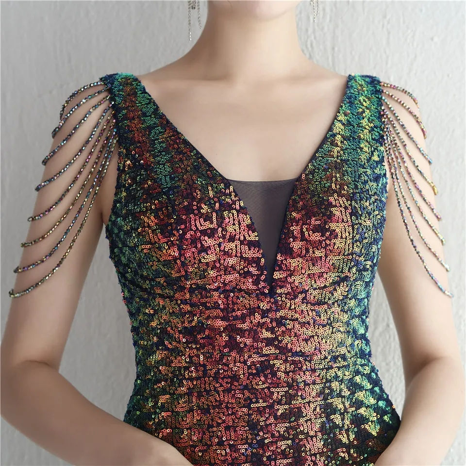 Sīktēls: Rainbow sequined dress with shoulder chains