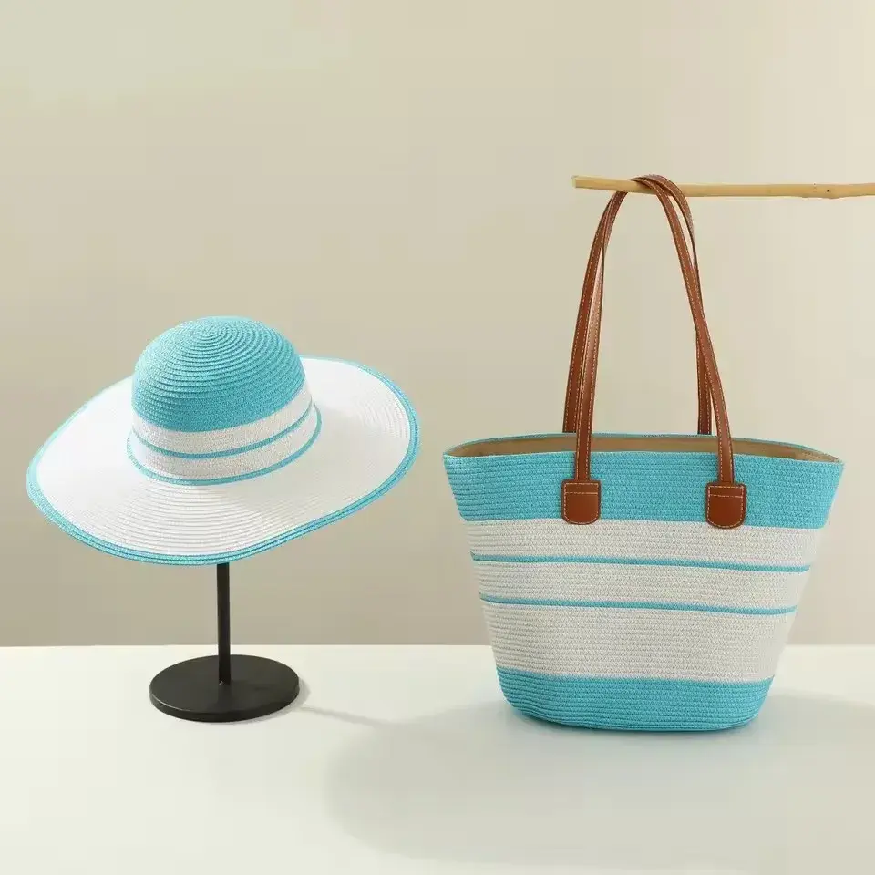Thumbnail: Three-Piece Set of Rainbow Straw Hat Bag Sun Hat Outdoor Travel Beach Straw Hat