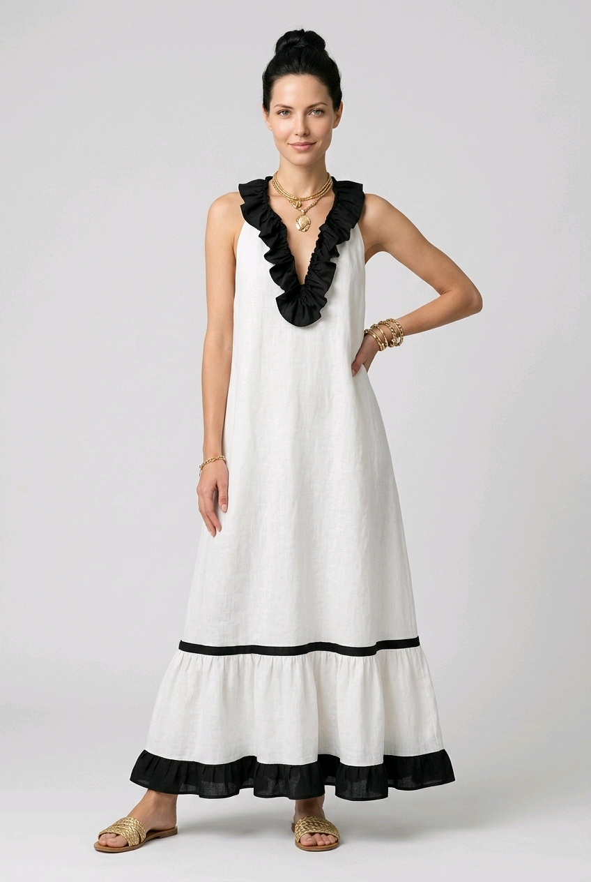 Miniatură: Women's Pleated Ruffle Trim Maxi Dress