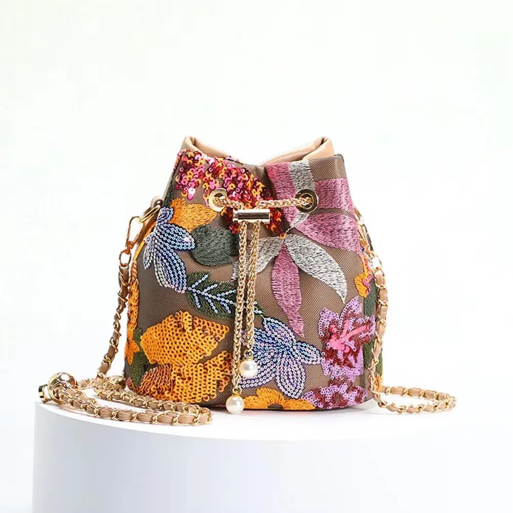Embroidered Sequin Floral Bucket Bag