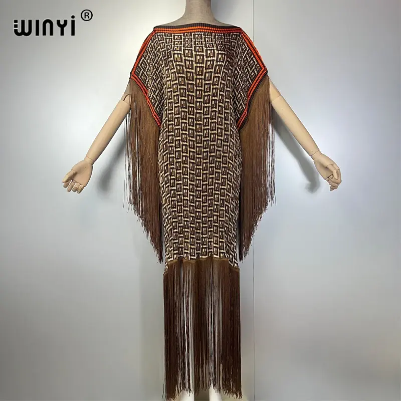 Thumbnail: Pleated Fringed Maxi Dress Women Crumple Design Loose Boho Robe