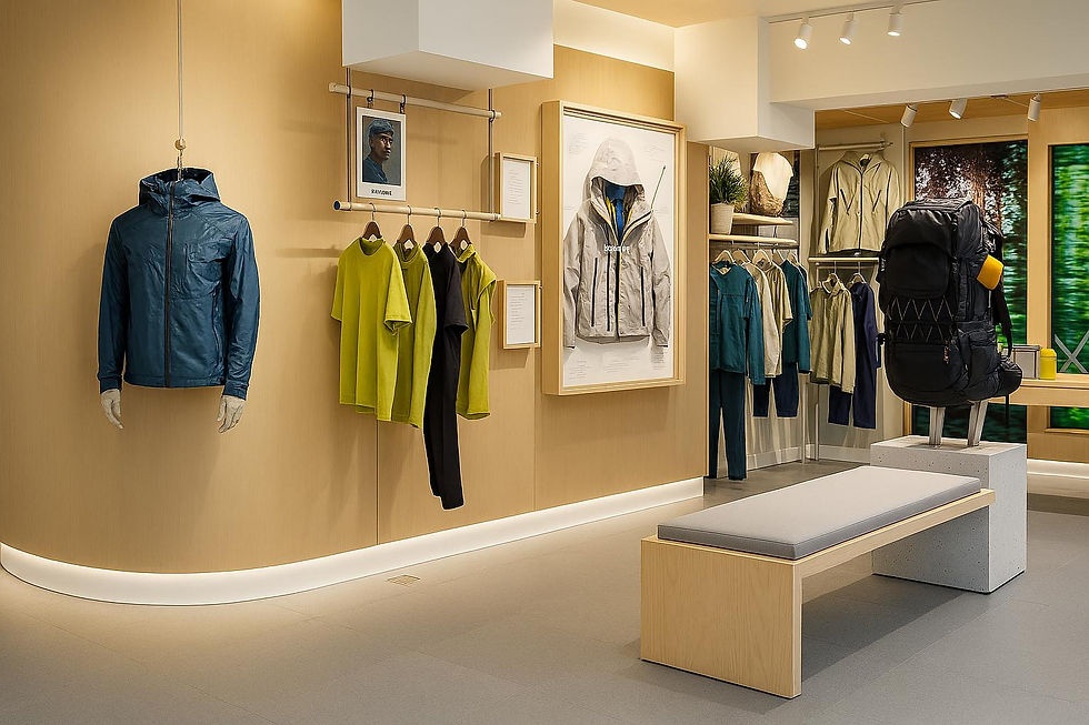 Modern och stilren butiksexponering med fokus på funktionella friluftskläder och tillbehör i en ljus och inbjudande miljö.