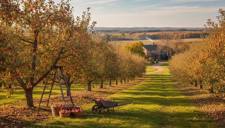 Wide-angle view of a countryside apple orchard in early autumn.
