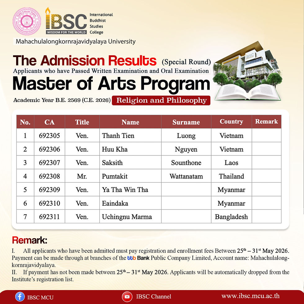 The announcement of the admission results for Master of Arts (Religion and Philosophy), Academic Year B.E. 2569 (C.E. 2026).