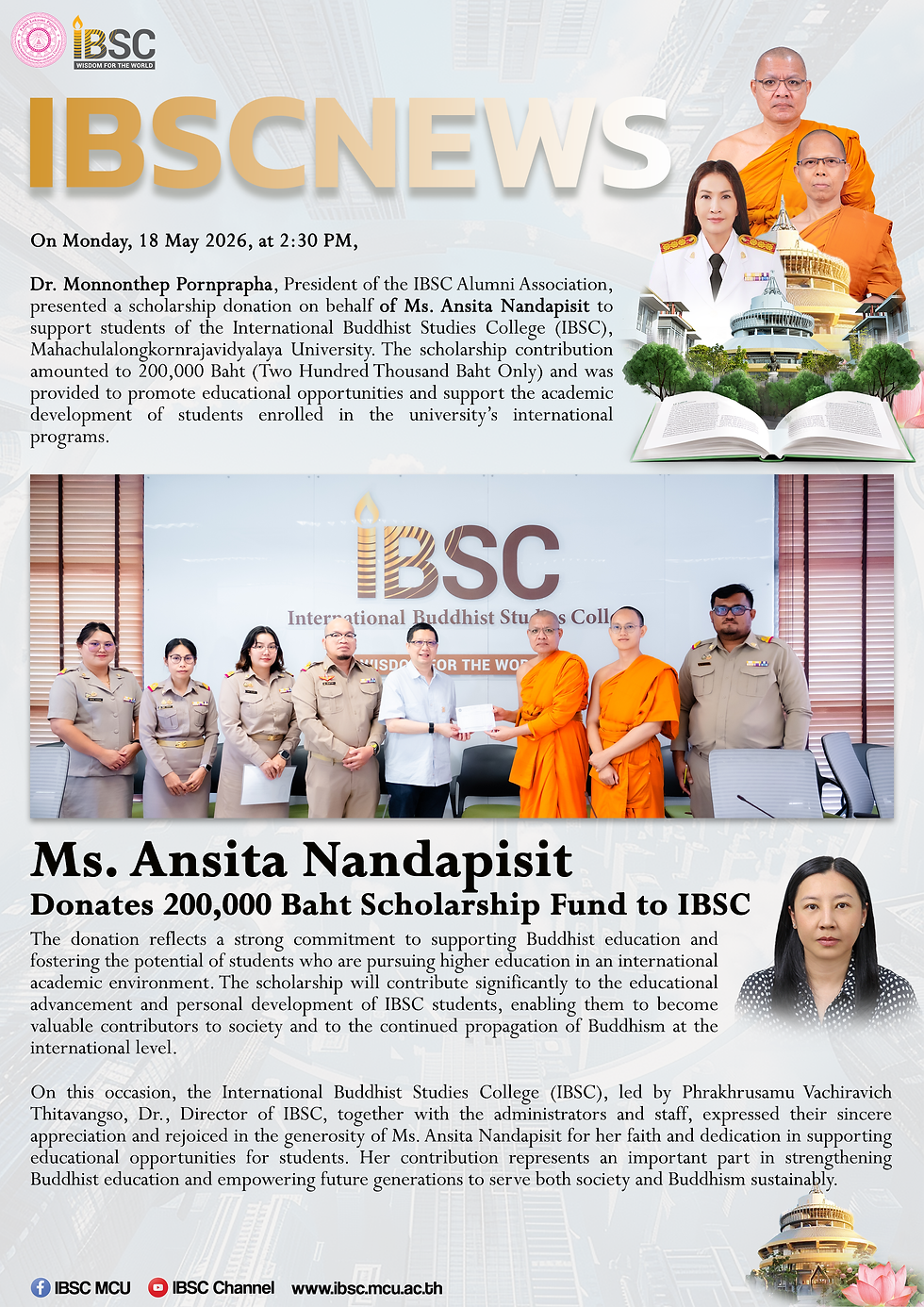 Ms. Ansita Nantapisit Donates 200,000 Baht Scholarship Fund to IBSC Students