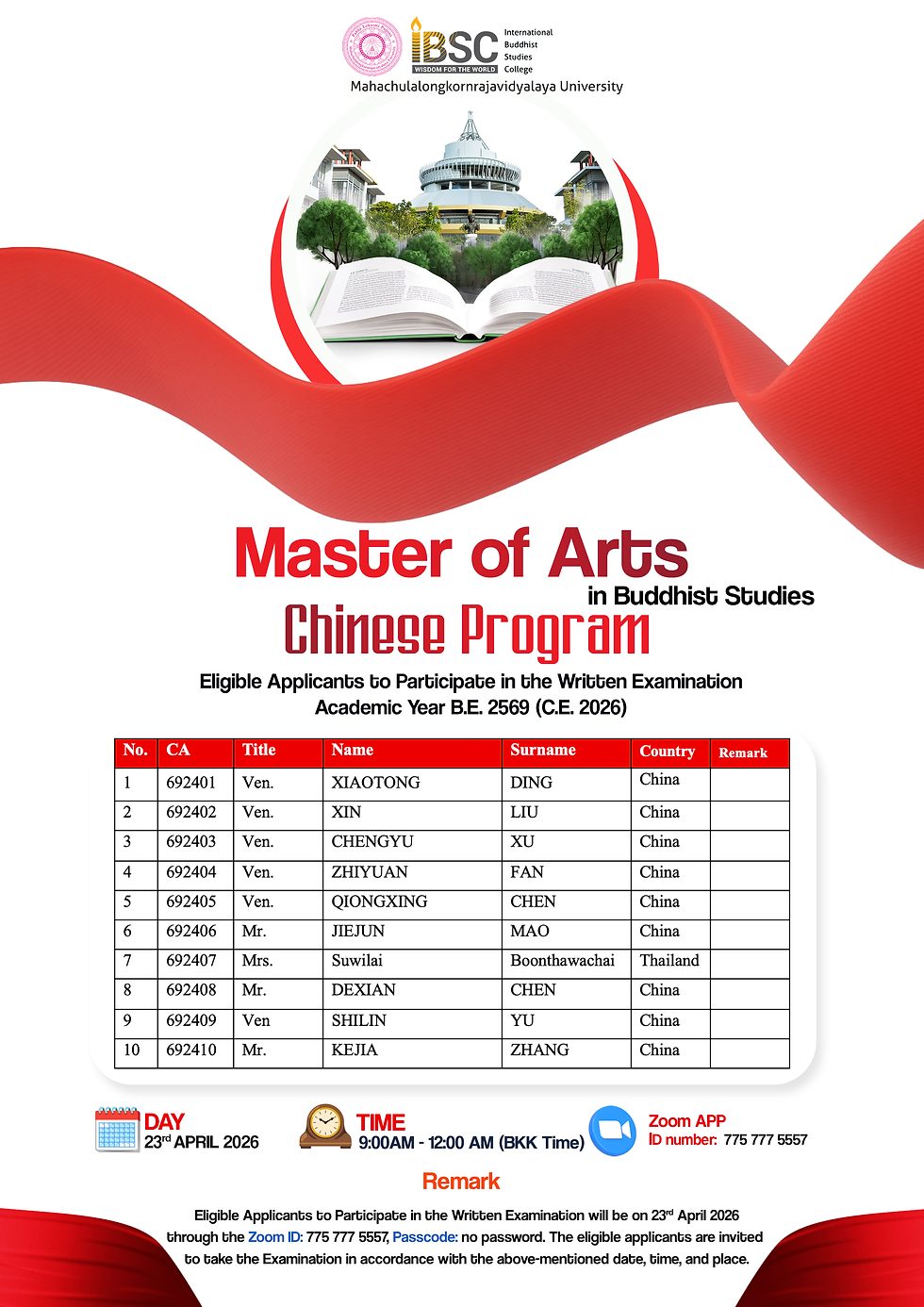 #IBSCNEWS Announcement from the International Buddhist Studies College (IBSC)Mahachulalongkornrajavidyalaya University Subject: Eligible Applicants for the Written Examination