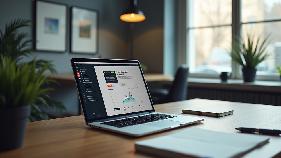 Eye-level view of a modern office desk with a laptop showing a website design