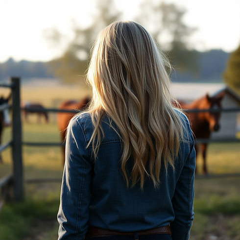 A tall ashy blonde woman facing away on a ranch setting .jpg