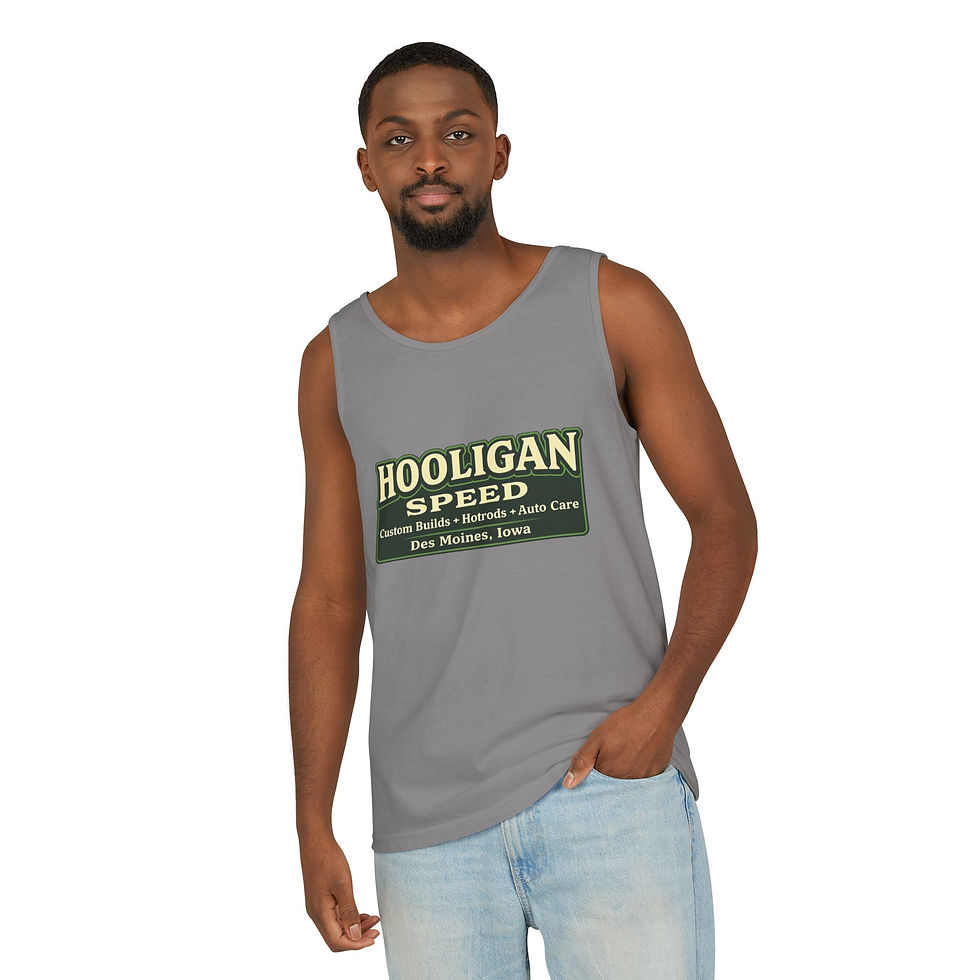 Thumbnail: Unisex Hooligan Speed Logo Tank Top | Retro Auto Shop Sign, Des Moines Iowa