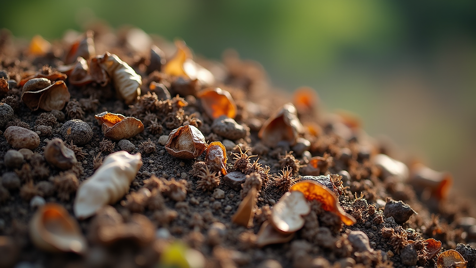Close-up view of compost pile with organic waste breaking down