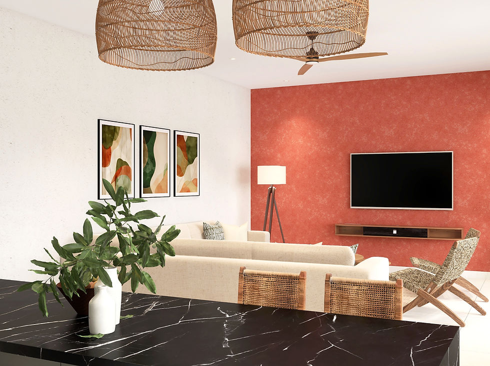 Eye-level view of a cozy living room with warm lighting and stylish furniture