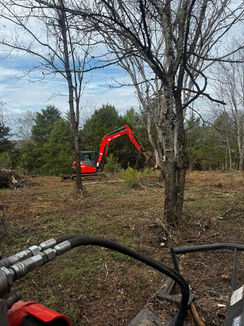 West Dumplin Valley Farms Excavator digging stumps in Kodak, TN for land clearing.