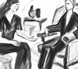 A female therapist sitting in a chair talking to a man, charcoal scetch, professional, in 
