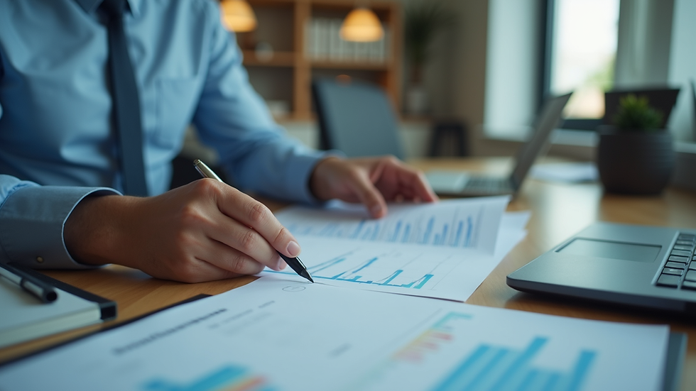 Close-up view of a compliance officer reviewing documents in an office