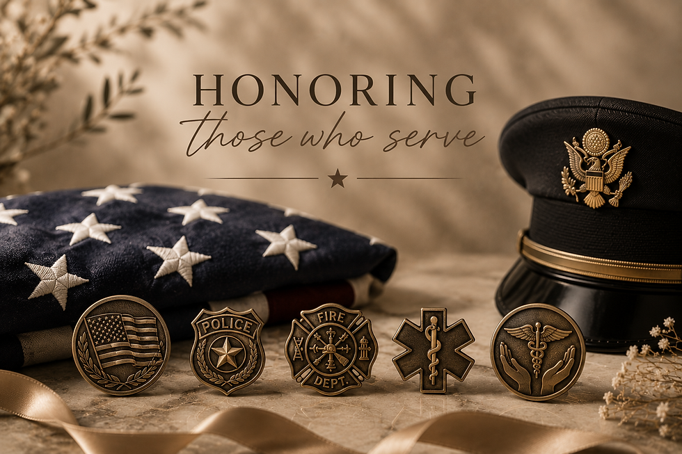 Honoring those who serve: Service badges with US flag and cap.