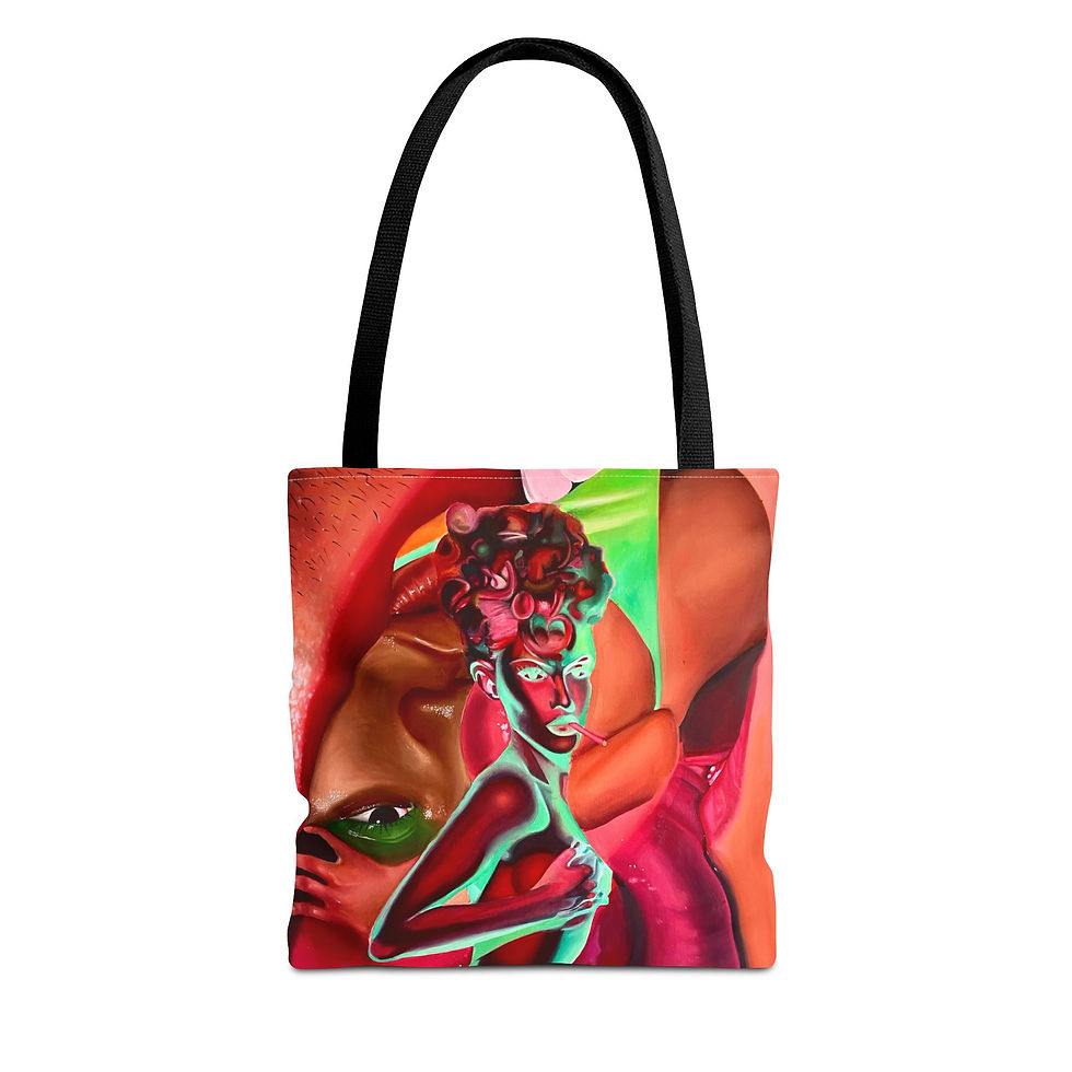 Ms. Tabazzco" Tote: Abstract, vibrant artwork depicting a woman with glossy lips and various body parts surrounding her. Two Tabasco sauce bottles are positioned at her waist, adding a playful and bold touch to the design.
