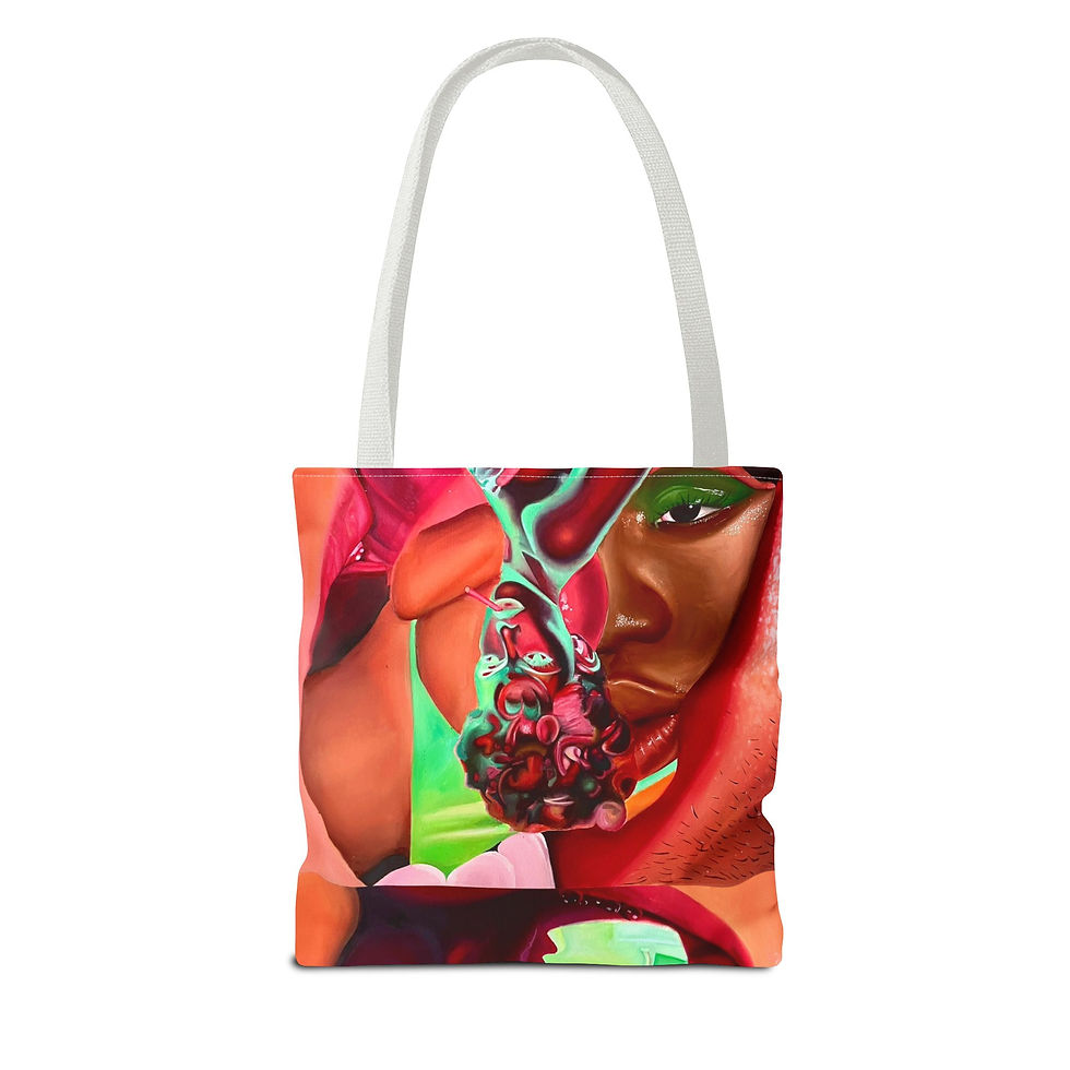 Thumbnail: Ms. Tabazzco" Tote: Abstract, vibrant artwork depicting a woman with glossy lips and various body parts surrounding her. Two Tabasco sauce bottles are positioned at her waist, adding a playful and bold touch to the design.