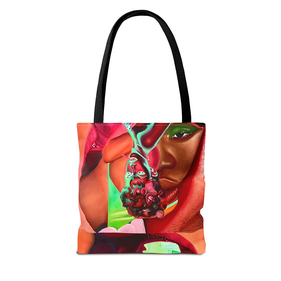 Ms. Tabazzco" Tote: Abstract, vibrant artwork depicting a woman with glossy lips and various body parts surrounding her. Two Tabasco sauce bottles are positioned at her waist, adding a playful and bold touch to the design.