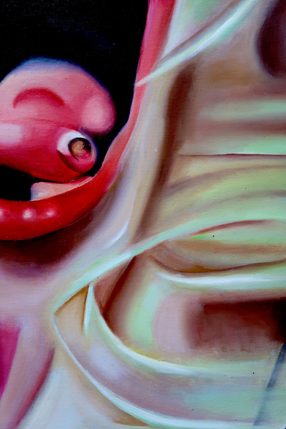 Thumbnail: Suckfick is a visceral exploration of the mind's darker, more invasive moments. The distorted face, caught in an unsettling scream, reflects the overwhelming nature of intrusive thoughts—the kind that distort perception and invade the quiet spaces of the mind. Through bold, chaotic brushstrokes and intense expression, this painting captures the suffocating feeling of being consumed by one’s own thoughts, revealing the tension between internal struggle and external reality. It is both a reflection of inner turmoil and a visual manifestation of mental dissonance.