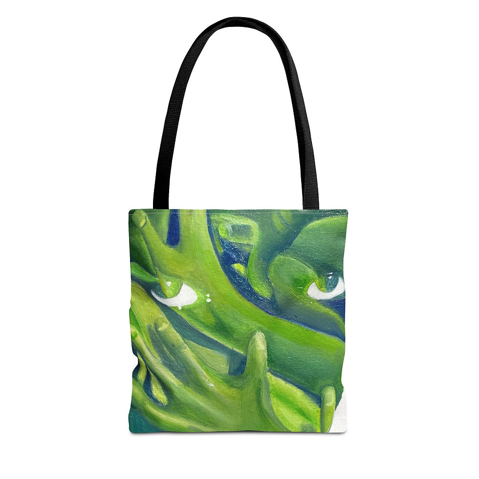 Green tote bag covered in green hands