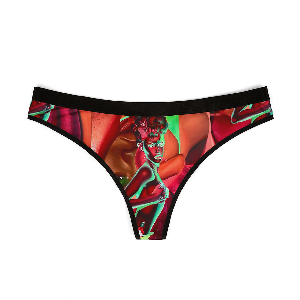 "Ms. Tabazzco" Thong: Abstract, vibrant artwork depicting a woman with glossy lips and various body parts surrounding her. Two Tabasco sauce bottles are positioned at her waist, adding a playful and bold touch to the design.